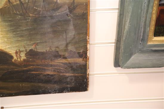 18th century Italian School Figures overlooking a harbour 27 x 22.5in., unframed